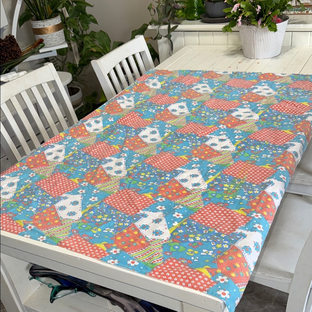 Colorful Patchwork receiving blanket or table cloth/material 1970s